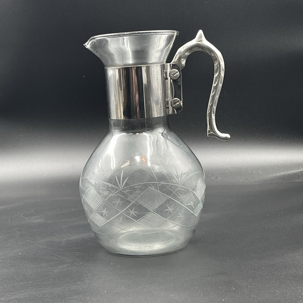 Vintage MCM‎ Atomic Starburst Etched Glass Pitcher Silver Tone Handle